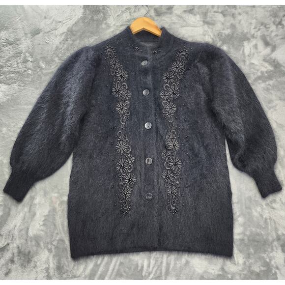 Vintage 80s Lee Sands Sweater Womens OS Black Rabbit Angora Hair Cardigan Beaded - Picture 1 of 8
